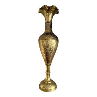 1960’s Extra Large Etched Solid Brass Fluted Vase For Sale