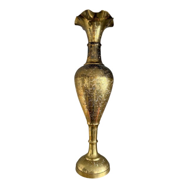 1960’s Extra Large Etched Solid Brass Fluted Vase For Sale