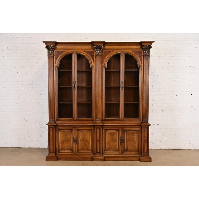 Romweber Neoclassical Carved Burled Walnut Lighted Breakfront Bookcase Cabinet, Circa 1960s For Sale - Image 15 of 15