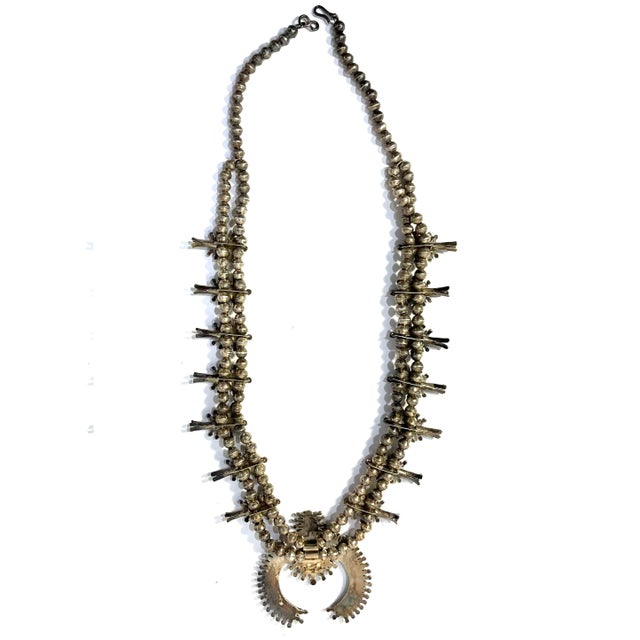 Vintage Zuni Squash Blossom Sterling Silver Turquoise Necklace With Earrings Set For Sale - Image 6 of 12