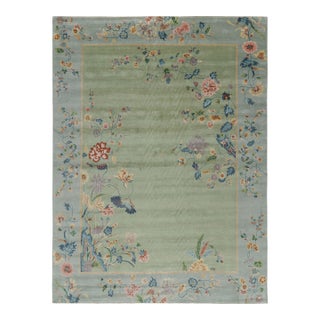 Rug & Kilim’s Oversized Chinese Art Deco Style Floral Rug in Green and Blue For Sale
