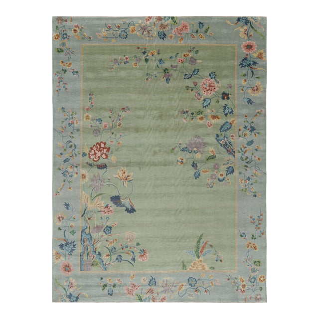 Rug & Kilim’s Oversized Chinese Art Deco Style Floral Rug in Green and Blue For Sale