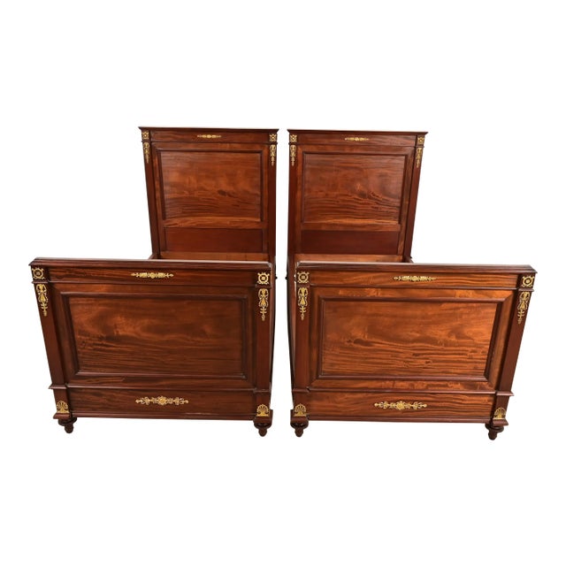 Jacob-Desmalter Style Antique French Empire Mahogany Twin Beds With Mounted Ormolu, Pair For Sale