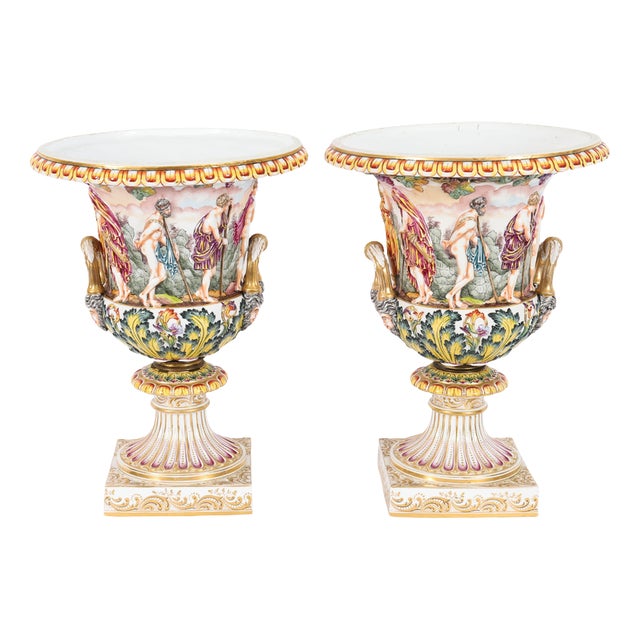 Large Antique Italian Urns from Capodimonte, Naples, 19th Century, Set of 2 For Sale