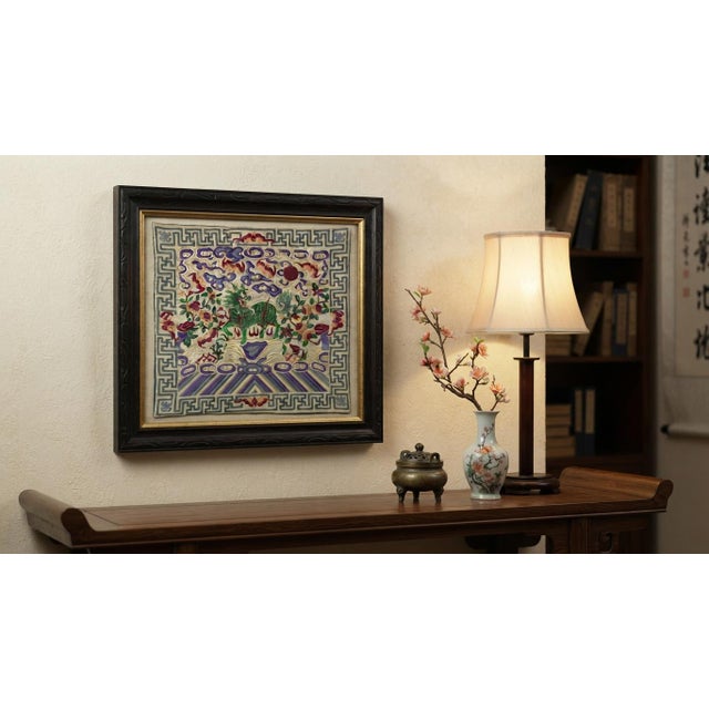 Asian Rectangular Green Kirin Bats Blossom Flower Fabric Display Art For Sale - Image 9 of 10