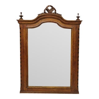 Antique Victorian Carved Oak Wood Ribbon Crest Beveled Glass Wall Mirror For Sale