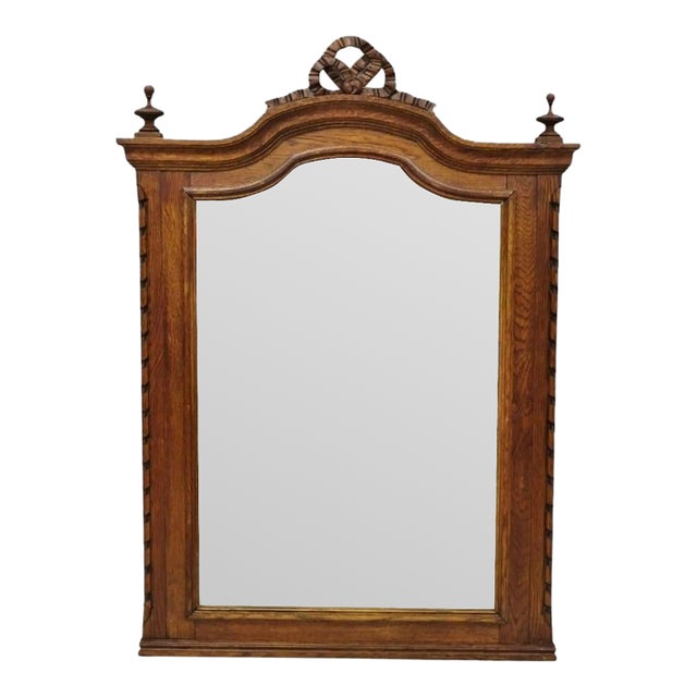 Antique Victorian Carved Oak Wood Ribbon Crest Beveled Glass Wall Mirror For Sale