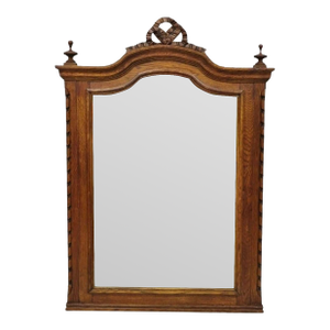 Antique Victorian Carved Oak Wood Ribbon Crest Beveled Glass Wall Mirror