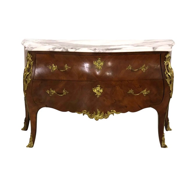 French 1900-1909 French Louis XV Marble Top Ormolou Bombe Commode For Sale - Image 3 of 7