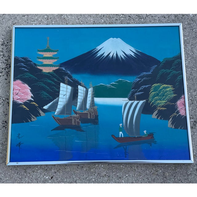Mid 20th Century Vintage Mid-Century Japanese Scenic Silk Paintings in Steel Frames, Pair For Sale - Image 5 of 12