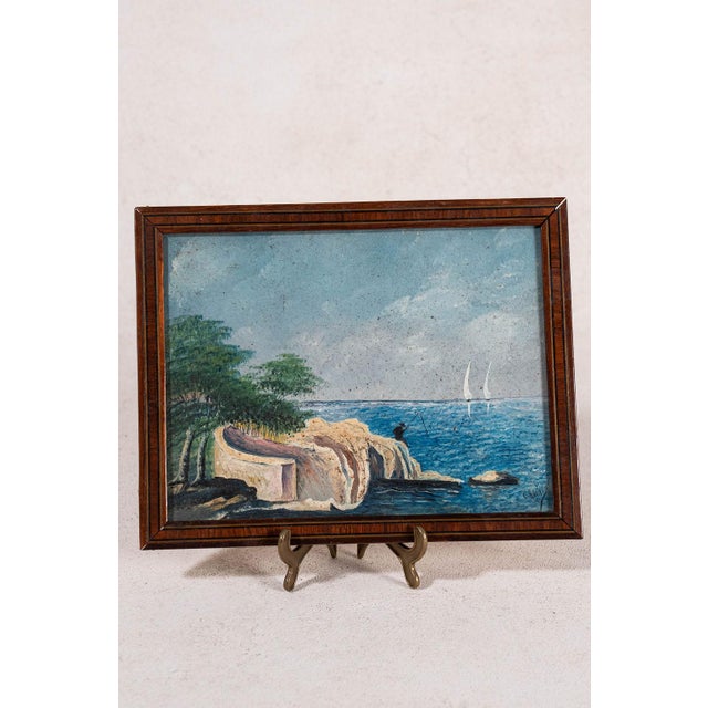 Original oil painting on board depicting a landscape with a fisherman, executed with expressive brushwork and a muted...