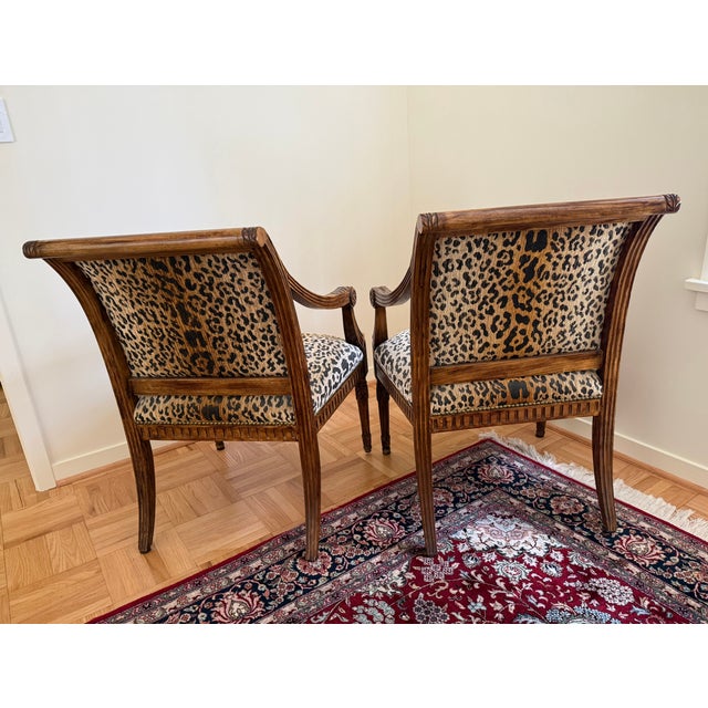 French Vintage Pair of Louis XVI-Style Carved Fauteuil Armchairs in Leopard Print For Sale - Image 3 of 12