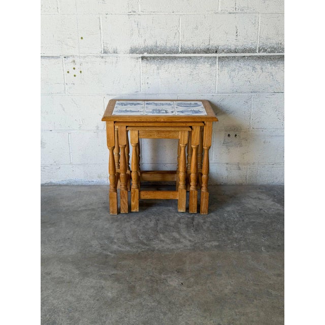Mid-Century Modern Solid Oak Nesting Tables Set of 3 With Blue and White Ceramic Tiles Mid-Century Modern 1970s For Sale - Image 3 of 10