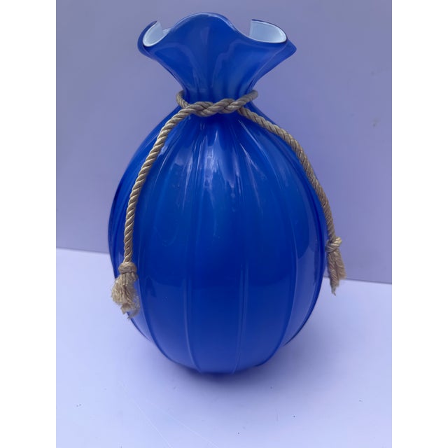 Blue Large Vintage Hand-Blown 8" Blue Glass Opaline Money Bag Vase For Sale - Image 8 of 12