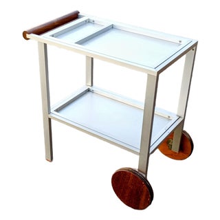 1960s Modern Metal Bar Cart With Walnut Handle and Wheels For Sale