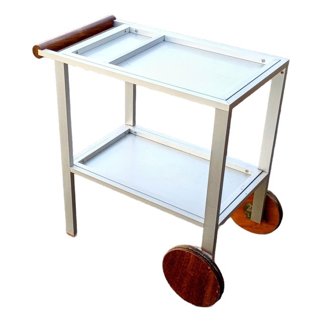 1960s Modern Metal Bar Cart With Walnut Handle and Wheels For Sale