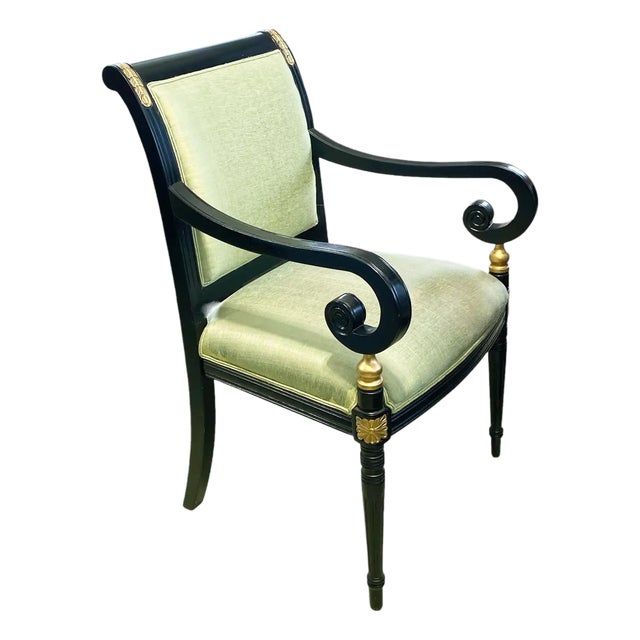 Mid Century French Style Black Lacquer Wood ArmChair W/Thai Silk For Sale