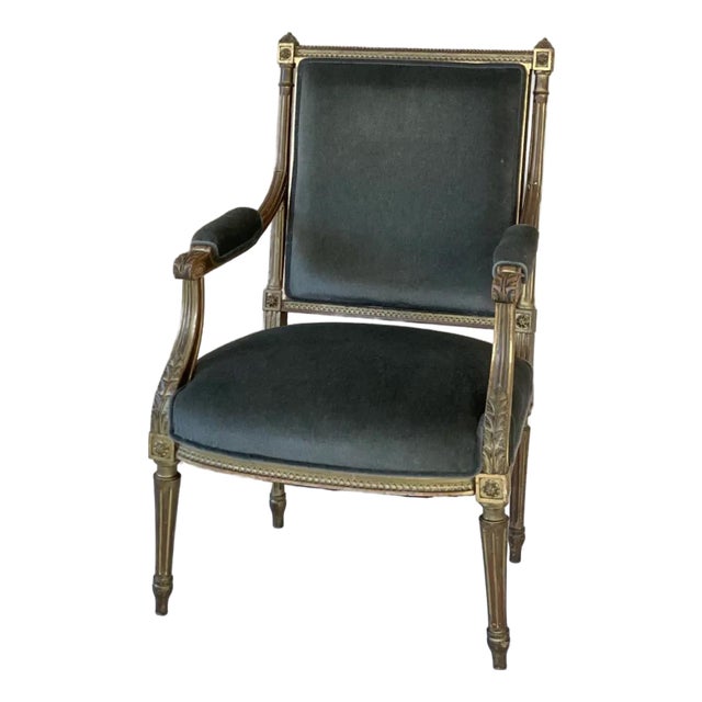 19th Century Vintage Fauteuil Chair in Green Mohair Velvet For Sale