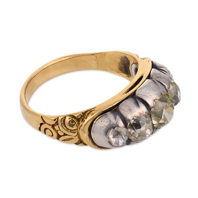 Late 19th Century Victorian 1.20 Carat Old Mine Cut Diamond 18k Yellow Gold Silver Five Stone Band, , Size 5.5 For Sale - Image 4 of 6