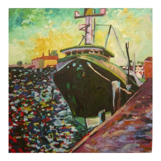 Martha Holden, Large "Ship in the Harbor" Contemporary Expressionist Style Nautical Oil Painting For Sale