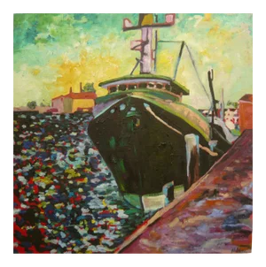 Martha Holden, Large "Ship in the Harbor" Contemporary Expressionist Style Nautical Oil Painting