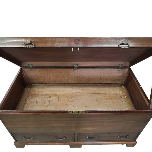 Wood Antique Mahogany English Trunk Great Coffee Table Brass Hardwear. For Sale - Image 7 of 8