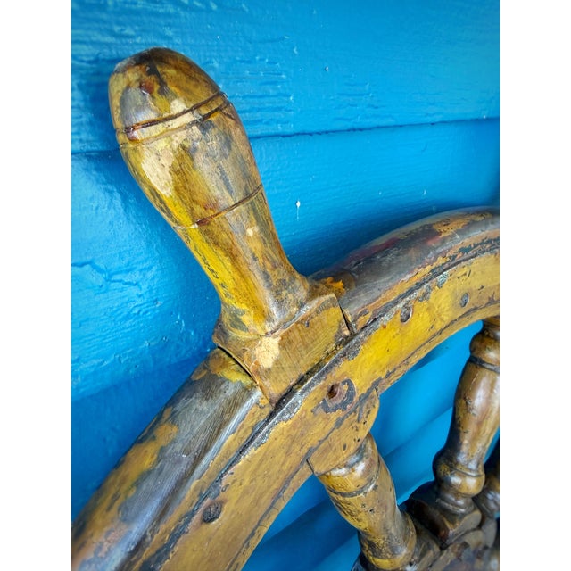 Rustic Large Vintage Wooden Ship Wheel 38.5” Nautical Helm W/ Patina For Sale - Image 3 of 12