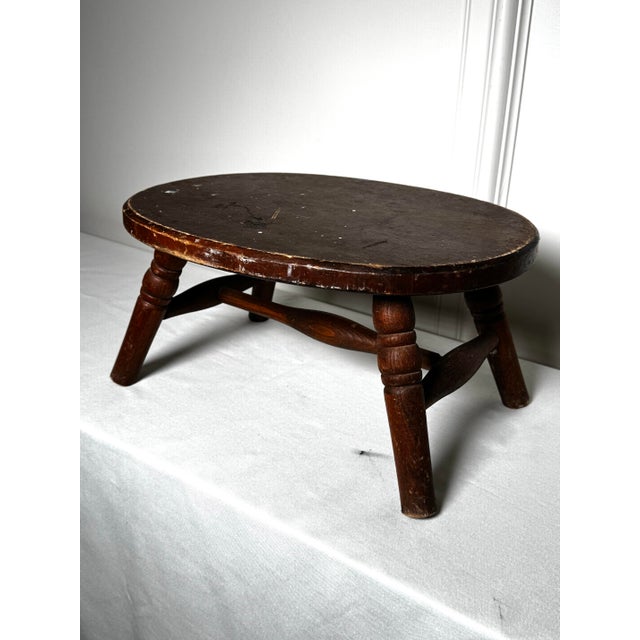 Wood Vintage Early American Primitive Oval Splayed Solid Wood Turned Leg Low Stool For Sale - Image 7 of 10