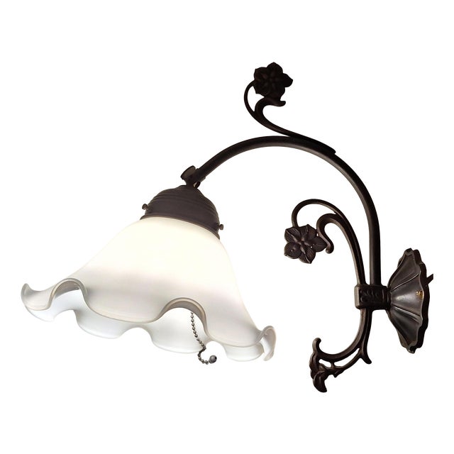 Vintage Wall Lamp with Brass Frame and White Glass Shade from Berliner Messinglampen, 1980s For Sale