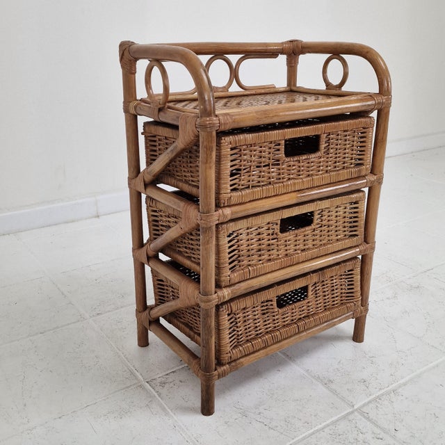 Wood Mid-Century Modern Italian Rattan and Wicker Three-Drawer Chest, 1970s For Sale - Image 7 of 14