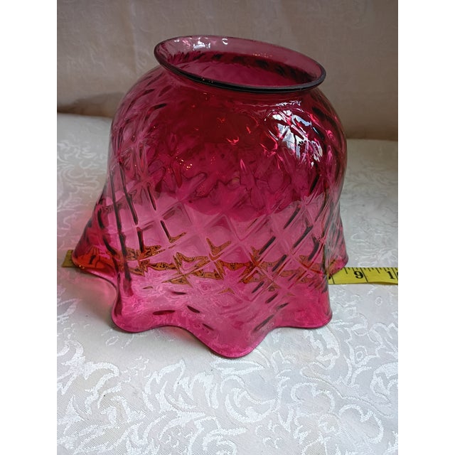 Mid-Century Fenton Style Diamond Quilted Cranberry Glass Ruffled Lamp Shade For Sale In Tampa - Image 6 of 9