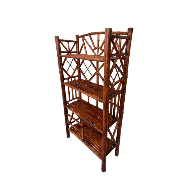Mid 20th Century Vintage Chinoiserie Tortoiseshell Bamboo & Rattan 4-Tier Etagere Bookshelf For Sale - Image 5 of 12