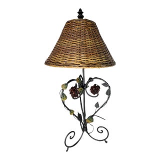 Vintage Wrought Iron Tole Floral Roses Bamboo Shade Original Finial Table Lamp For Sale