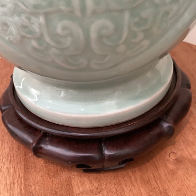Antique Big & Heavy Celadon Glazed Crackle Porcelain Double Ear Vase Marked With Stand For Sale - Image 4 of 12