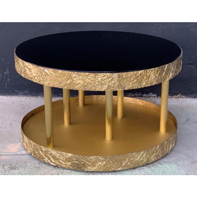 Bronze and Metal Round Center Table with Black Glass and Base with Light For Sale - Image 16 of 18