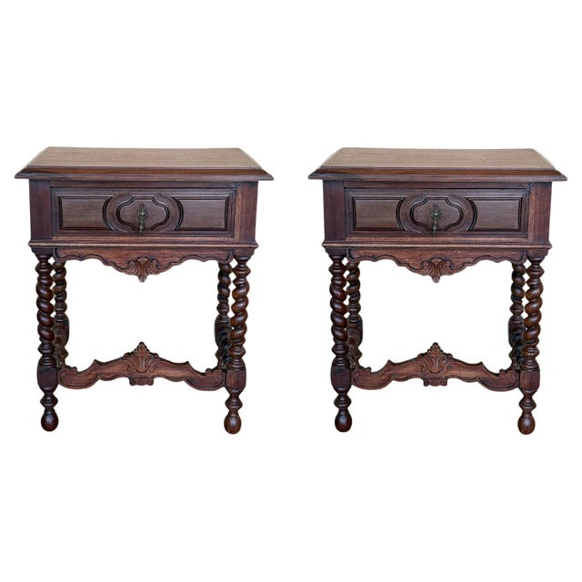 Brown Mid 20th Century Pair of Spanish Carved Nightstands with Drawer and low crest For Sale - Image 8 of 18