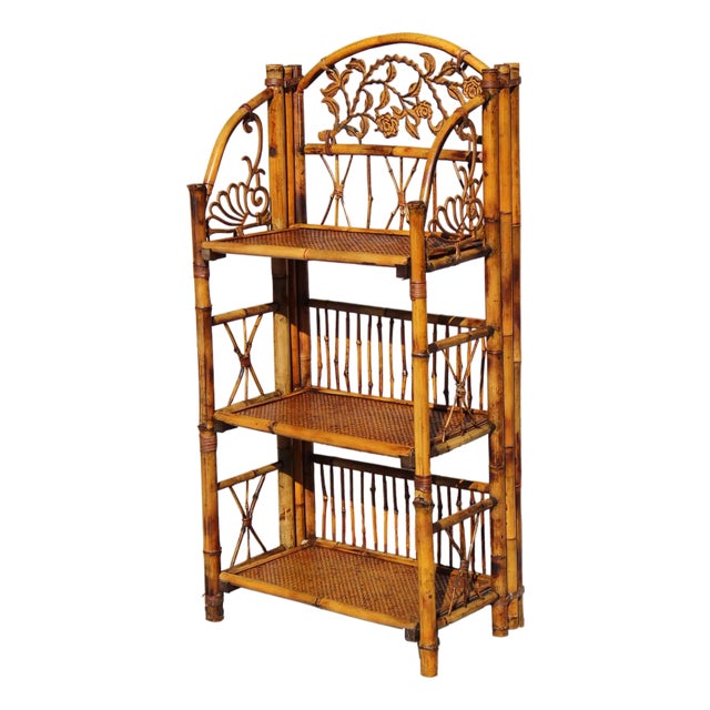 Vintage French Bamboo & Rattan Folding Étagère - Mid-Century Modern Style With Elegant Metal Accents For Sale