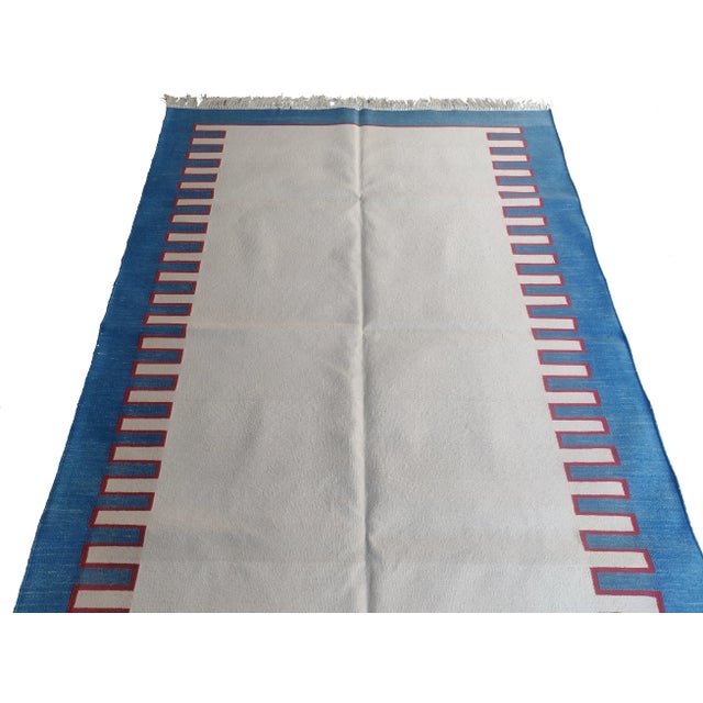 Not Yet Made - Made To Order Handmade Cotton Key Rug, White with Red and Sky Blue Border 6'x9' For Sale - Image 5 of 8