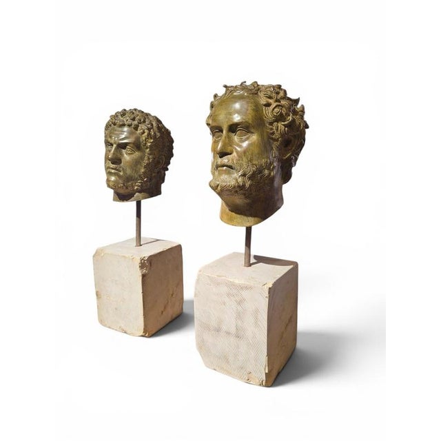 Gold Italian Artist, Pair of L Bronze Roman Emperor Heads on Marble Pedestals, 1950, Bronze For Sale - Image 8 of 11