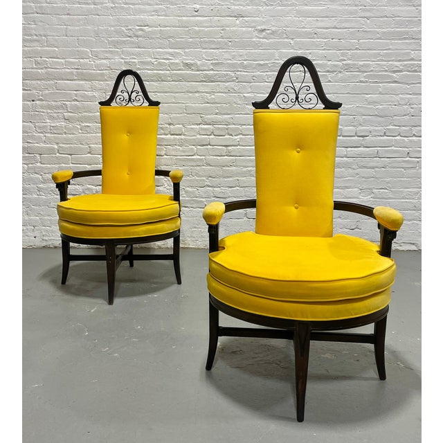 Pair - Custom Hollywood Regency High-Back Throne Chairs | Canary Yellow Velvet Upholstery – Mid Century Accent Seating For Sale - Image 9 of 15