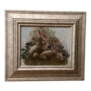 Mid 20th Century Vintage Cutrona Wildlife Canvas Painting of Bunnies Artist Signed Framed