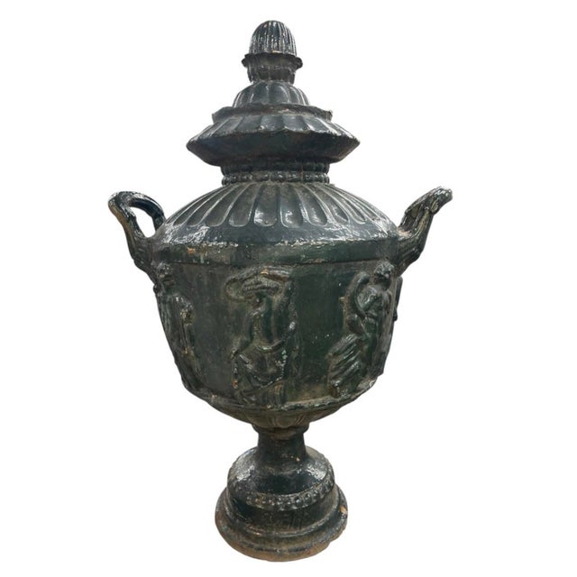 Metal Vintage Cast Iron Urns With Classical Figural Reliefs For Sale - Image 7 of 12