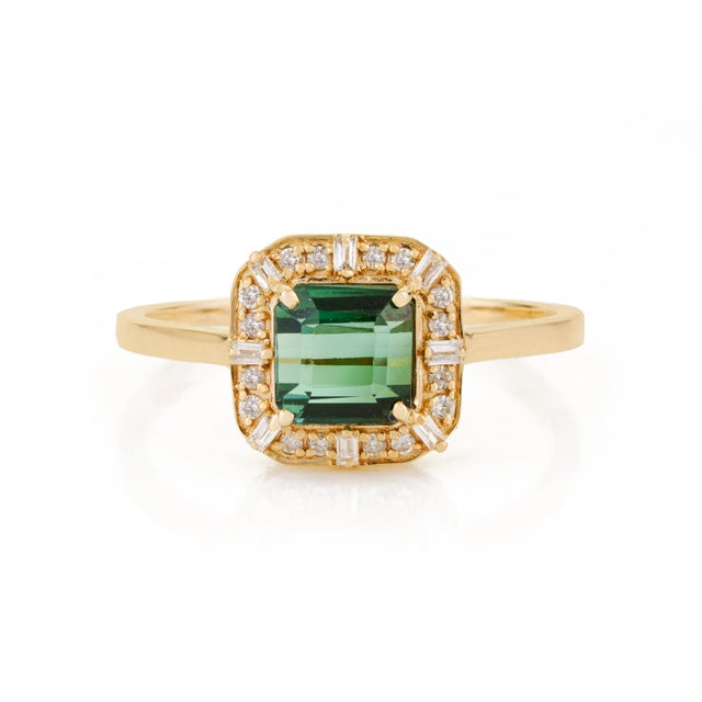 1.22ct Green Tourmaline & Diamond Vintage Ring Size 5.5 in 14k Yellow Gold For Sale - Image 4 of 14