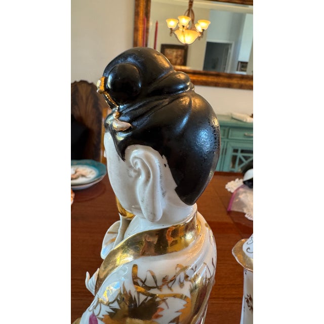Vintage Porcelain Guanyin Statues - Quan Yin Gold Gilt L 18" Pair C1915 Rare For Sale - Image 14 of 18