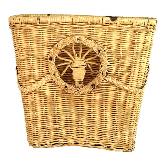 Vintage Hand Woven Rattan Cane Basket For Sale