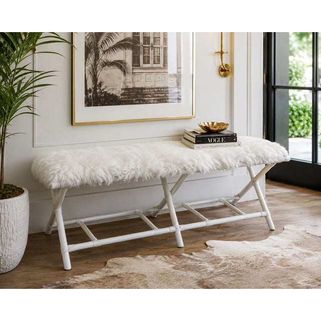Shabby Chic Vintage Hollywood Regency White Rattan Bench With Removable Faux Fur Cushion From Hollywood Props House For Sale - Image 3 of 3