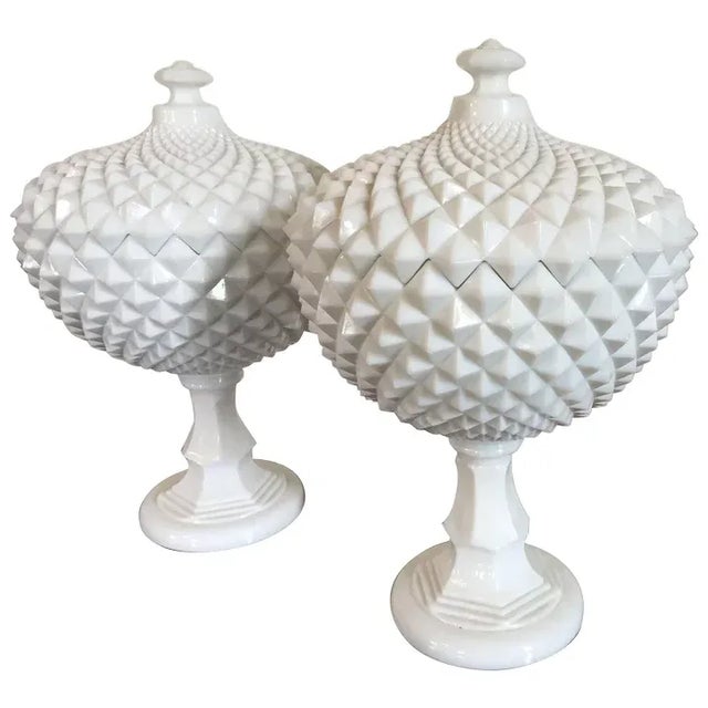 Vintage Milk Glass Covered Centerpiece Bowl with Saw Tooth Design - a Pair For Sale - Image 12 of 12