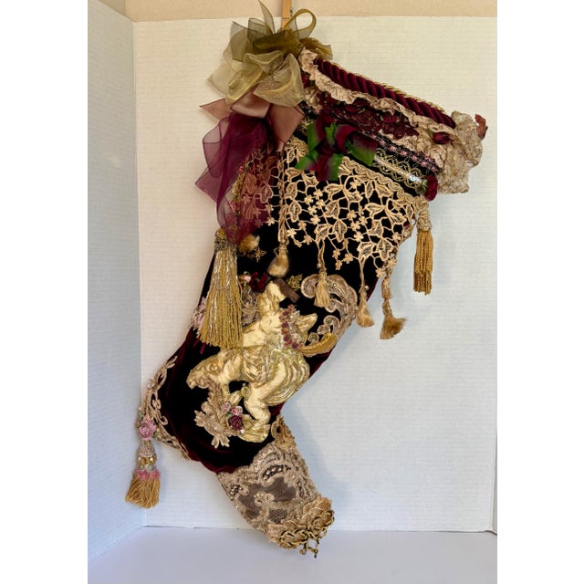 Victorian Style Burgundy Velvet Christmas Stocking With Cherub, Lace & Tassels For Sale - Image 4 of 14