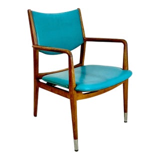 Mid-Century Modern Boho Chic Contemporary Turquiose Vinyl and Teak Wood Arm Side Chair For Sale
