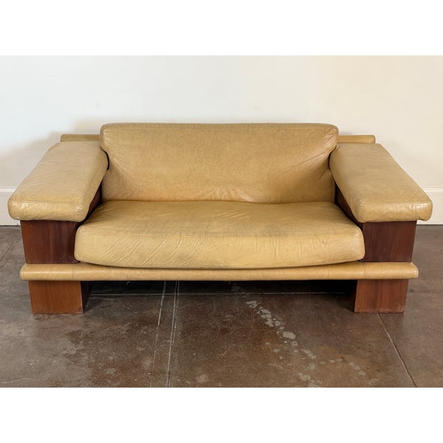 Vintage 1980’s Italian and Walnut Sculptural Leather Loveseat For Sale - Image 15 of 18